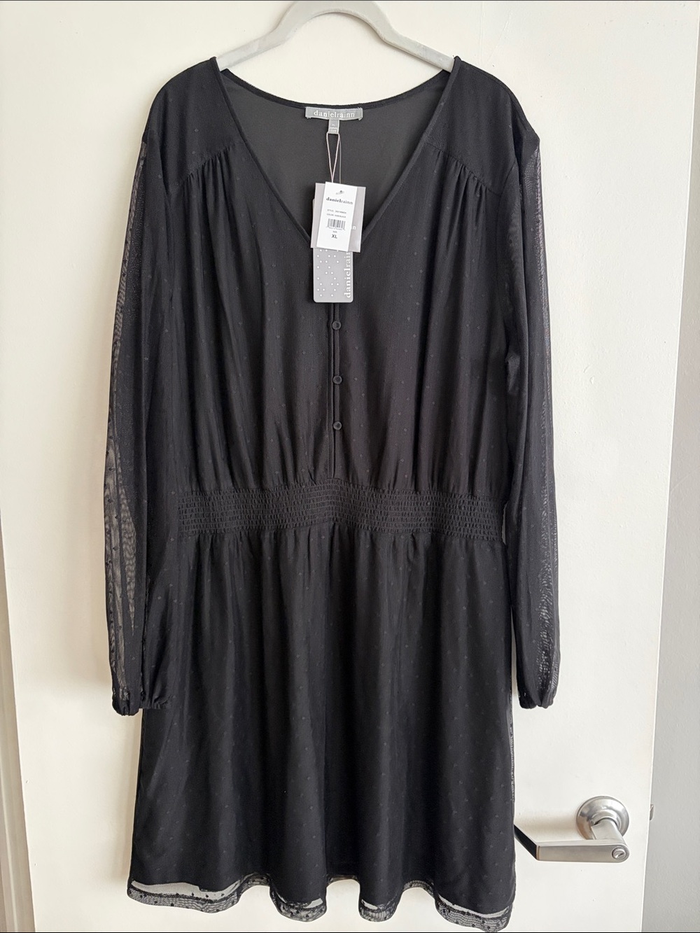 Daniel Rainn Black Long-Sleeve V-Neck Smocked-Waist Dress